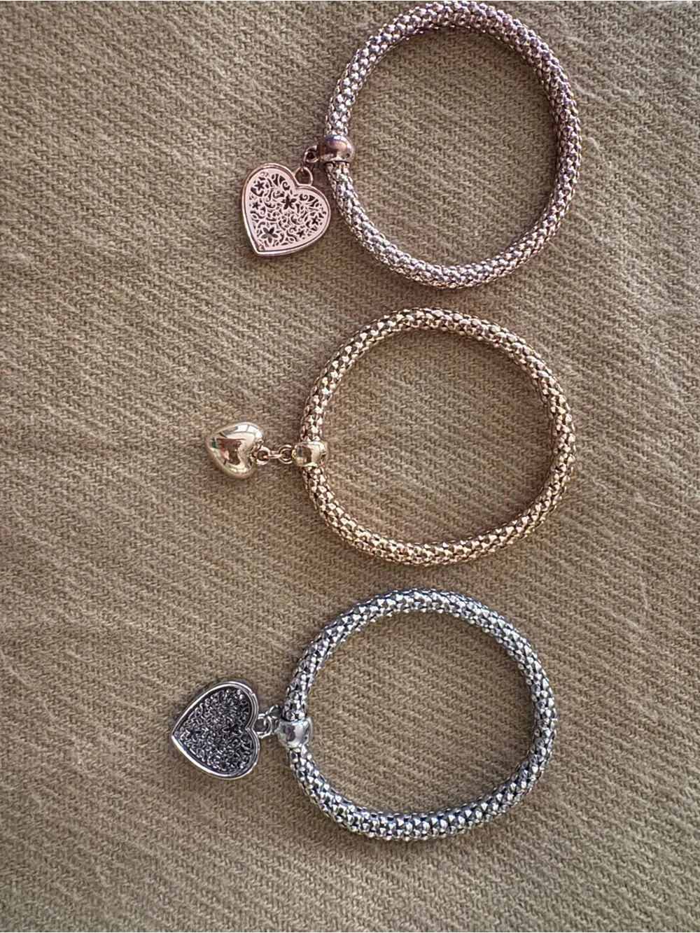 Nine stretch-Tone Heart Charm Bracelet Set - Rose Gold, Silver & Gold